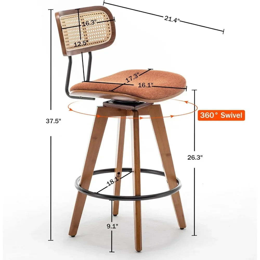 26" Rattan Bar Stools Set of 2 Linen Fabric Counter Height Swivel Barstools with Rattan Backrest and Wooden Legs,Armless Mid