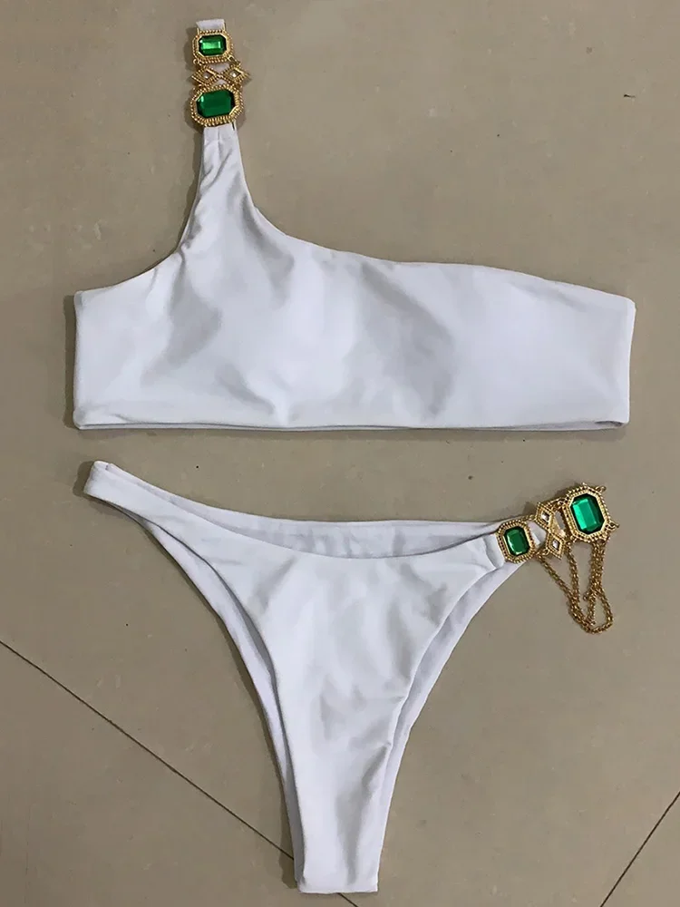Sexy One Shoulder Rhinestone Diamond Bikini Women Swimsuit Female Swimwear Two Pieces Bikini Set High Cut Bathing Suit Swim Lady