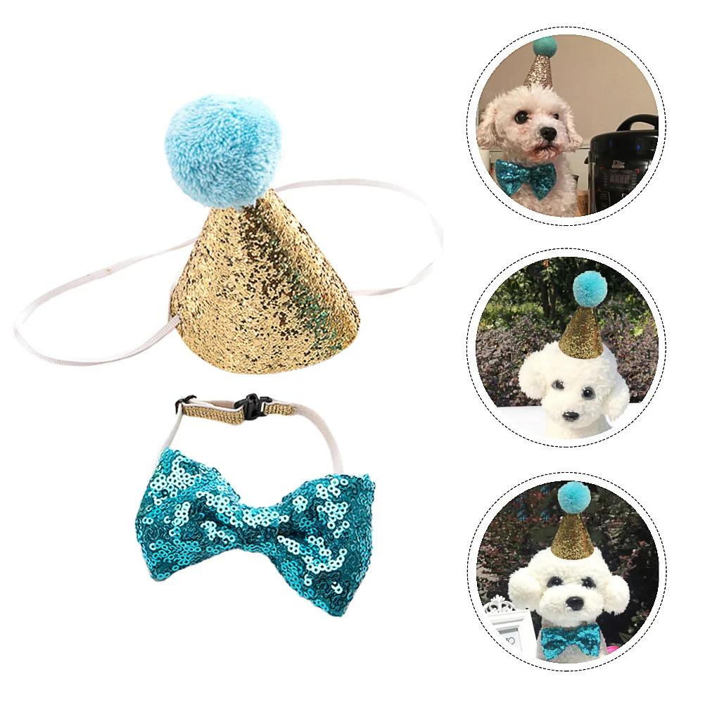 

Pet Birthday Hat Tie Set Small Medium Pets Adjustable Glittery Polyester Durable Colorful Dog Cat Party Supplies Decorations