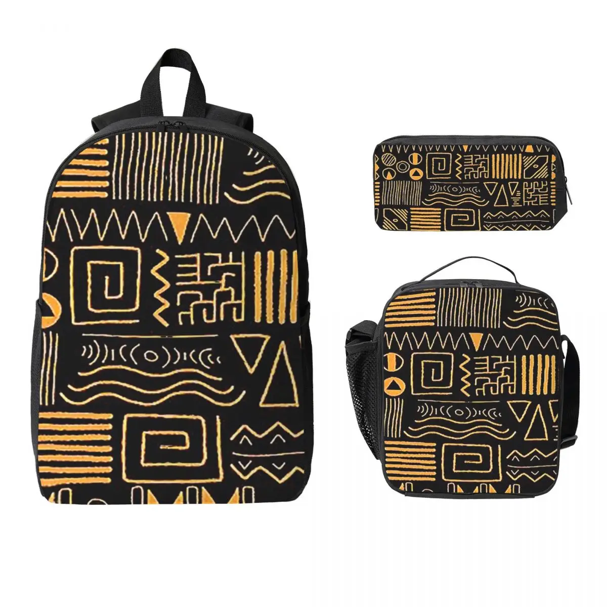 

African Bogolan Mudcloth Pattern Backpack Boys Girls BookBag School Bag Laptop Shoulder Bags 3ps Insulated Lunch Bag Pencil Case