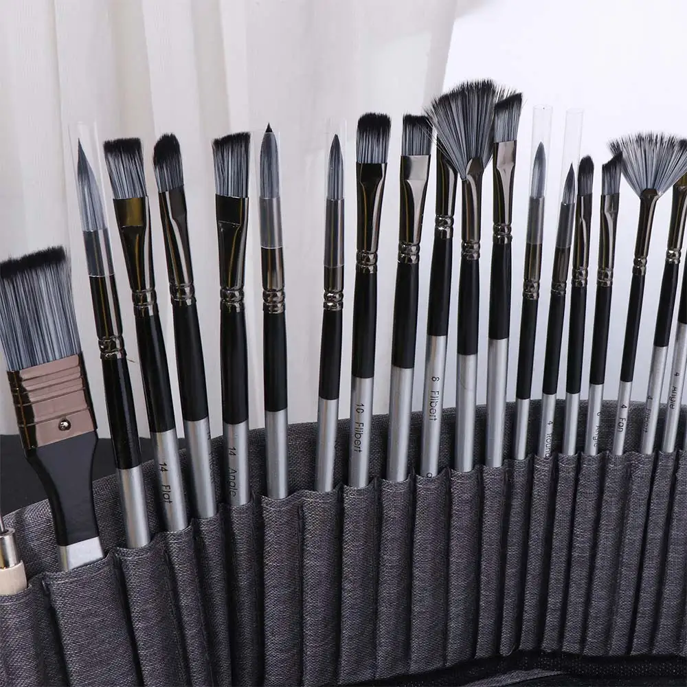 

Набор из 24 кистей с деревянной ручкой и нейлоновым ворсом для рисования, с лезвием-скребком, в алюминиевом футляре, для акварели