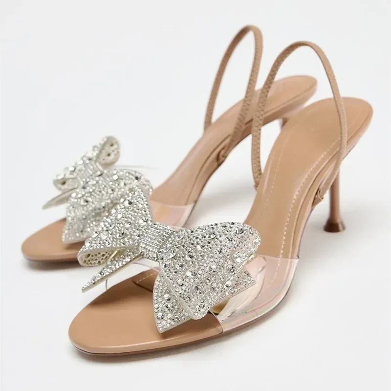 

Summer Peep Toe Back Strap High Heels Women Luxury Glitter Rhinestone Bow Designer Heeled Sandals Elegant Party Wedding Shoes