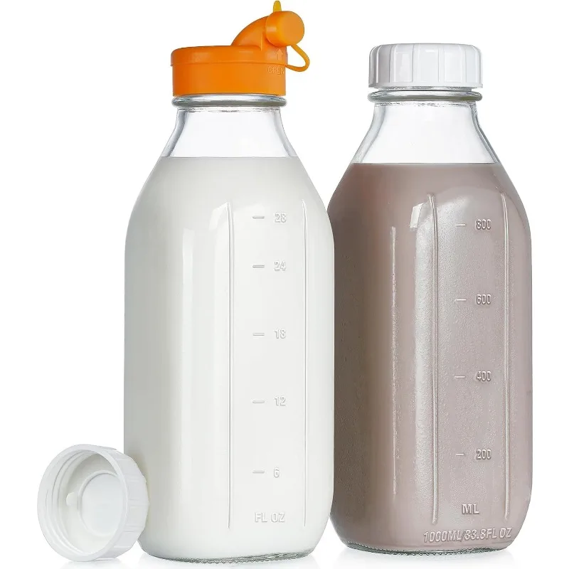 

32 oz Reusable Glass Milk Bottles with Silicone Dispenser Cap, 2 Pack with Airtight Screw Lid, Leak Proof