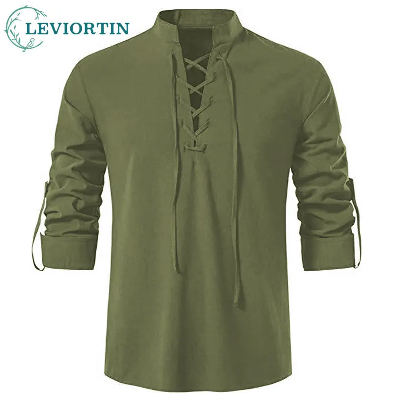 Men's European /American fashion urban drawstring design shirt long sleeved casual beach stand up collar loose solid color shirt