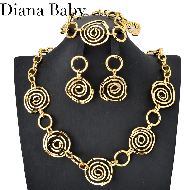 

Hip Hop Jewelry Set For Women Gold Plated Chain Necklace Bracelet Circle Hanging Earrings Fashion Wedding Party Jewellery Gift