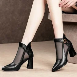 Ladies Crystal Lace Zipper Mesh High Heels 2024 New  Women's Shoes Classic Solid Color Sandals Party