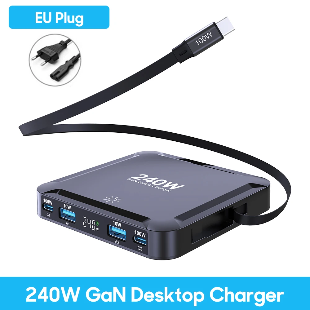 Ubigbuy 240W GaN-oplader Digitaal display Snel laadstation met 100W USB C intrekbare kabel voor iPhone 17 Samsung MacBook