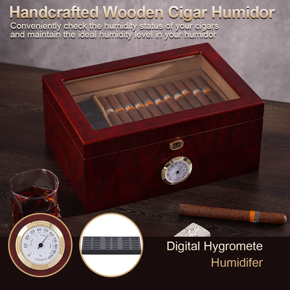 

New Cigar Humidor Handmade Wooden Cigar Box with Lock Humidifier Hygrometer Cedar Wood Lining Storage Accessories for 120 Cigars
