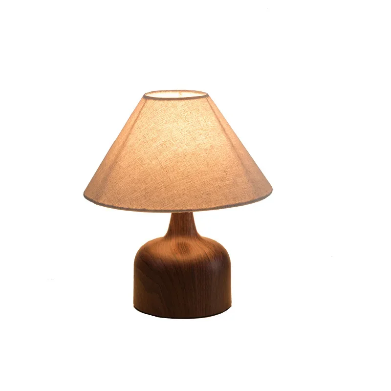 Japanese-style high-end bedroom bedside table lamp creative retro wood grain warm fabric girl LED table lamp