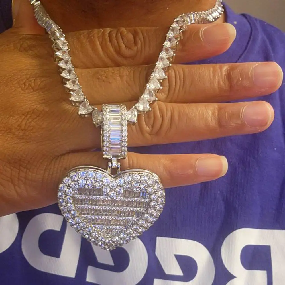 Ciondolo con ciondolo a forma di cuore con medaglione ghiacciato può essere aperto foto fai-da-te Hip Hop 5A Cubic Zirconia CZ collana a catena da