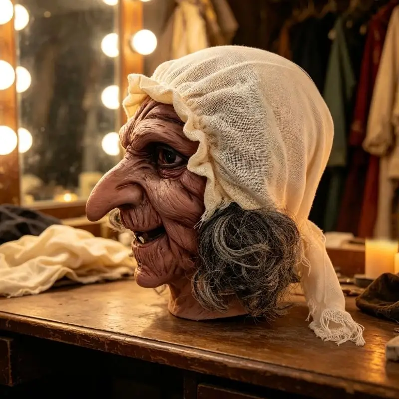 39BD Stage Show Witch Mask with Color-Shaded Molded Features and Traditional Aged Expression, Latex Costume Face Covering for