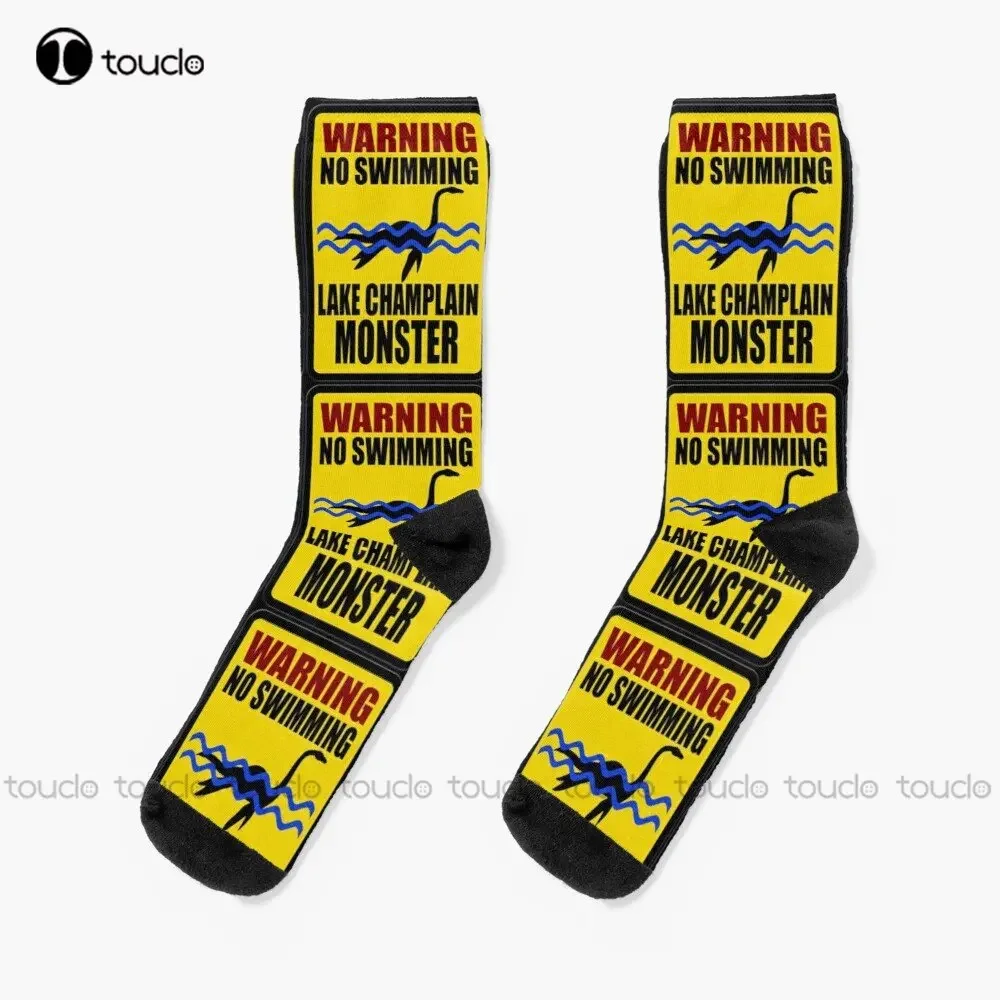 

Warning.. Lake Champlain Monster Socks Navy Soccer Socks Fashion Creative Leisure Funny Art Abstract Oil Painting Socks Funny