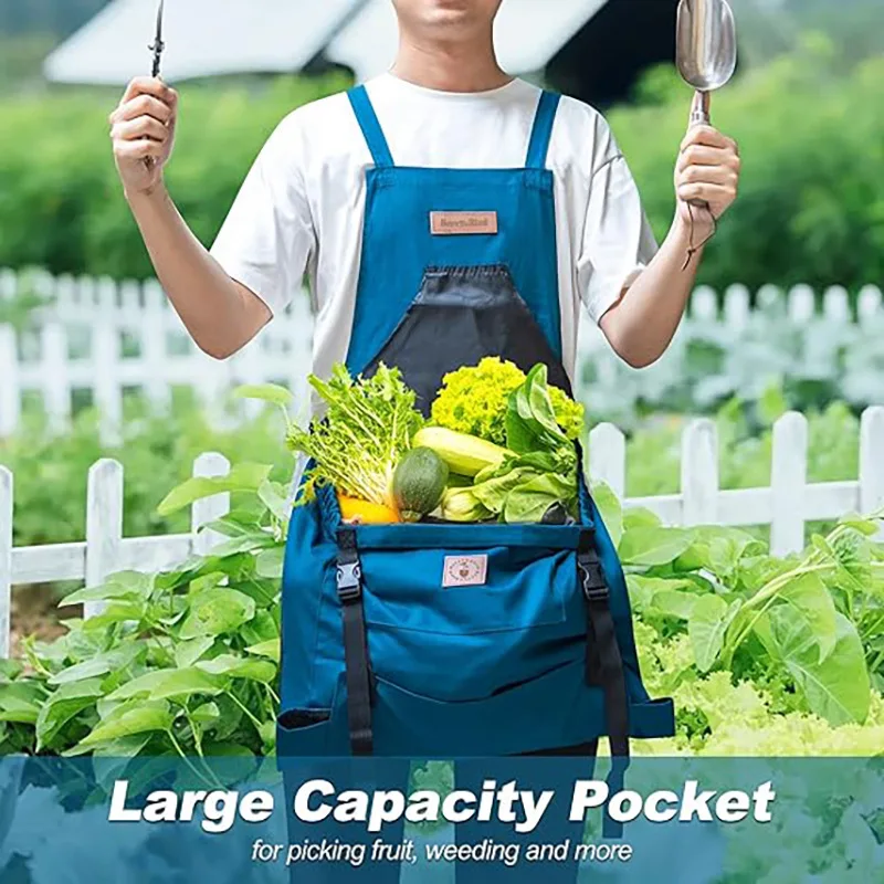 D9 Oxford Cloth Garden Apron with Large Storage Pocket Reusable Shopping Vegetables Bag Apron Kitchen Fruits Flowers Organizer