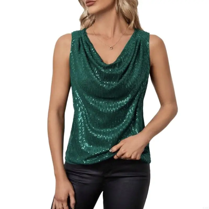 634C Womens Sleeveless Cowl Neck Sequins Top Draped Collar Loose Blouses