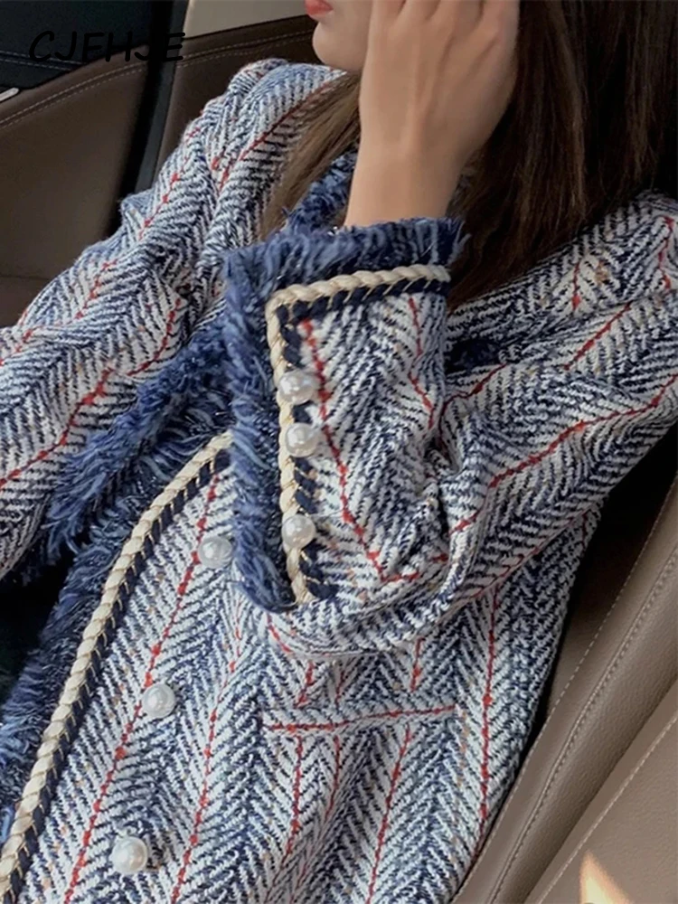 CJFHJE V-neck Blue Tweed Jackets Woman Autumn Winter Chic Pocket Button Elegant Streetwear Crop Korean Tassel Office Lady Coats