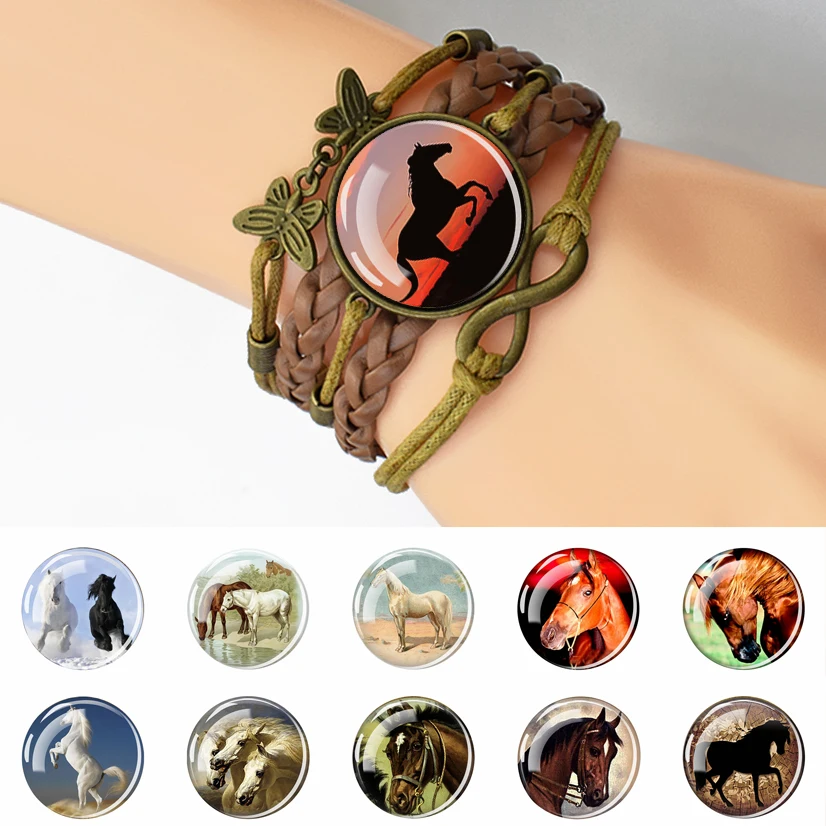 

Fashion Brown Vintage Multilayer Braided Leather Bracelet Creative Handsome Horse Glass Dome Cool Horse Bracelet for Men Gifts