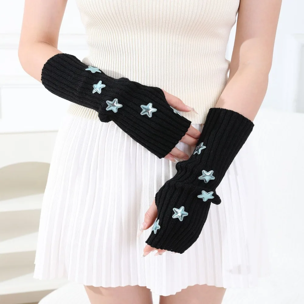 Knitted Arm Warmers Elastic Thumb Hole Design Long Fingerless Gloves with Stars Pattern Warm Winter Mitten Gloves for Women