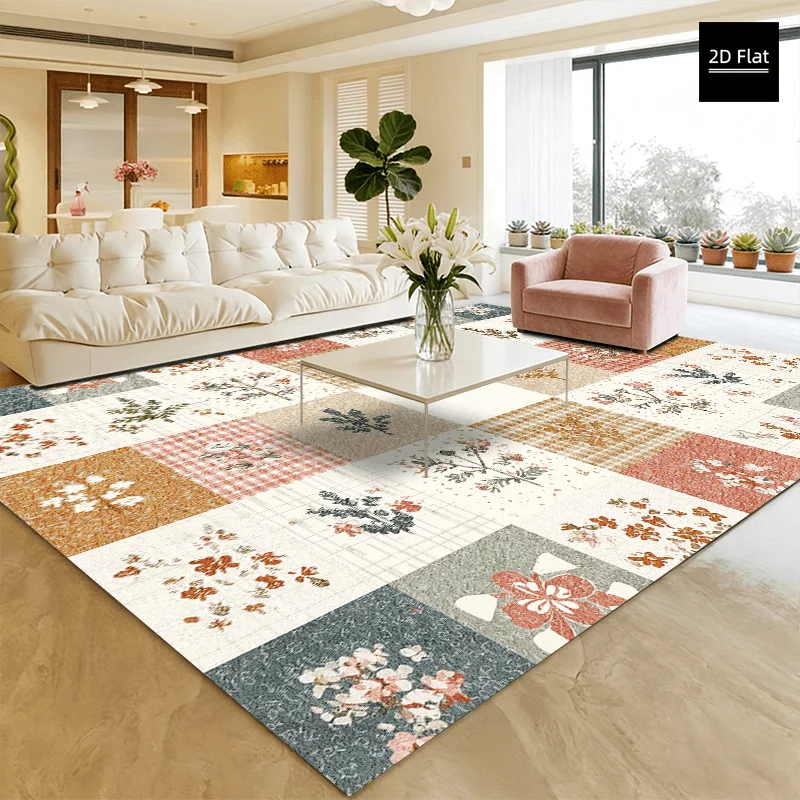 VIKAMA Patchwork Floral Area Rug,Non‑Slip Floor Mat,Vintage Plaid Flower Spliced Carpet for Living Room Bedroom Home Decor Rug