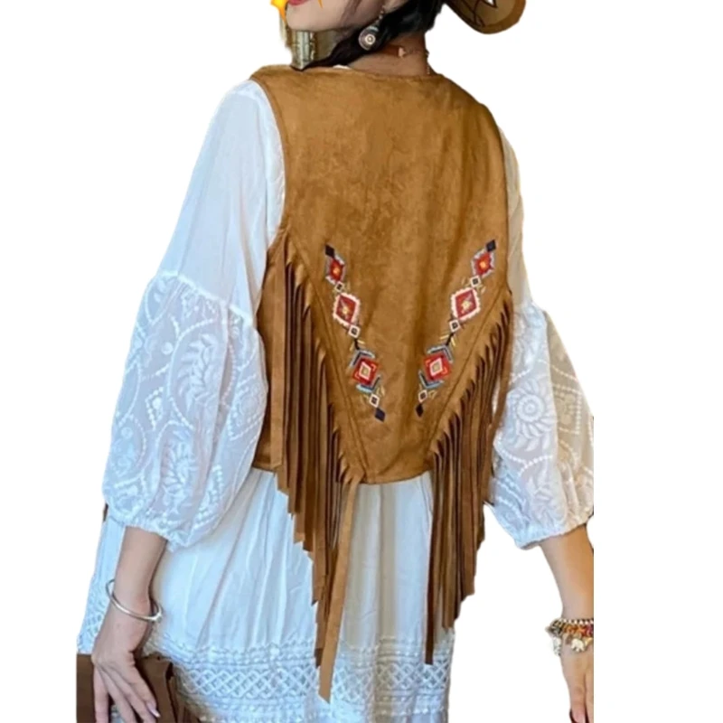 Women Tassels Vest 70s Hippie Faux Suedes Sleeveless Fringe Jackets Outwear Summer Hollow Open Front Cardigan Streetwear