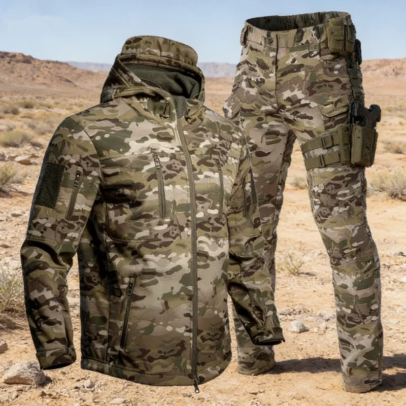

New Winter Camo Tactical Man Suits Fleece-lined Cotton-padded Warm Windproof Wear Resistant 2-piece Training Camping Hiking Sets