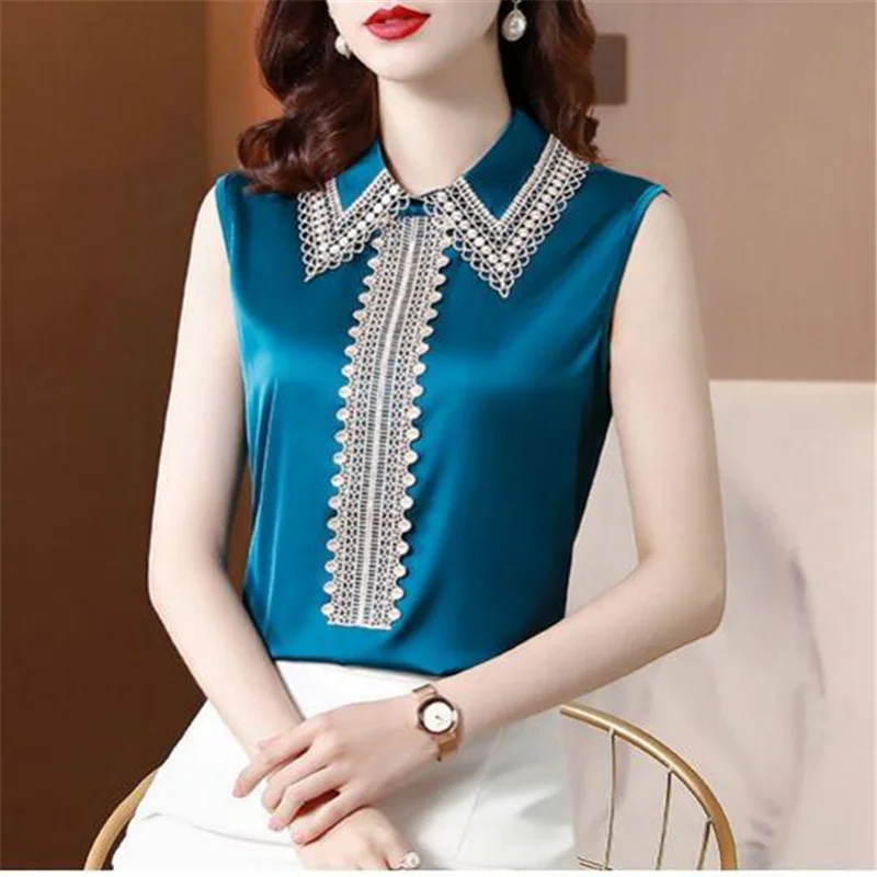 Satin Sleeveless Shirt for Women\'s Bloses Sleveless Summer Top Woman Pullover Lace Hollowed Out Blous Grace Silk Female Shirts