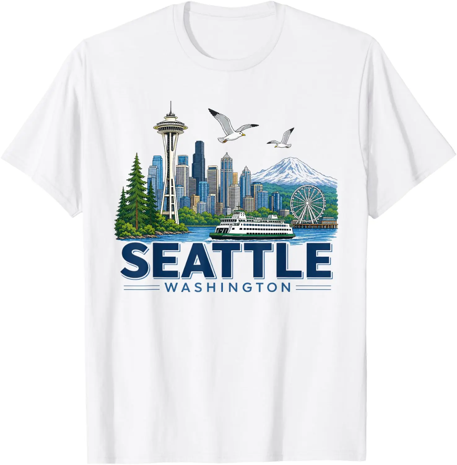 Vintage Iconic Seattle Washington Skyline Mount Rainier T-Shirt Men Women Unisex Novelty Graphic T‑Shirt, Classic Crew Neck 100% Cotton Tee, Lightweight Anti‑Pilling Breathable Casual Tops, Year‑Round Daily Outfit, Holiday Birthday Present Tee