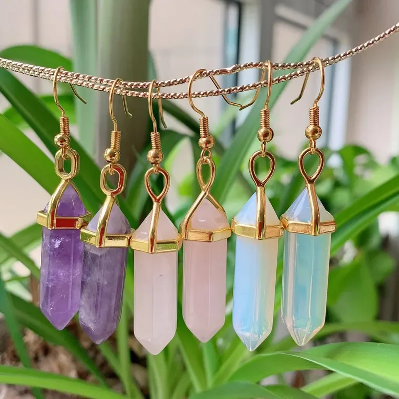 Natural Crystal Stone Earring Hexagonal Point Pendulum Amethysts Lapis Opal Quartz Pink Crystal Drop Earring Women Healing Reiki