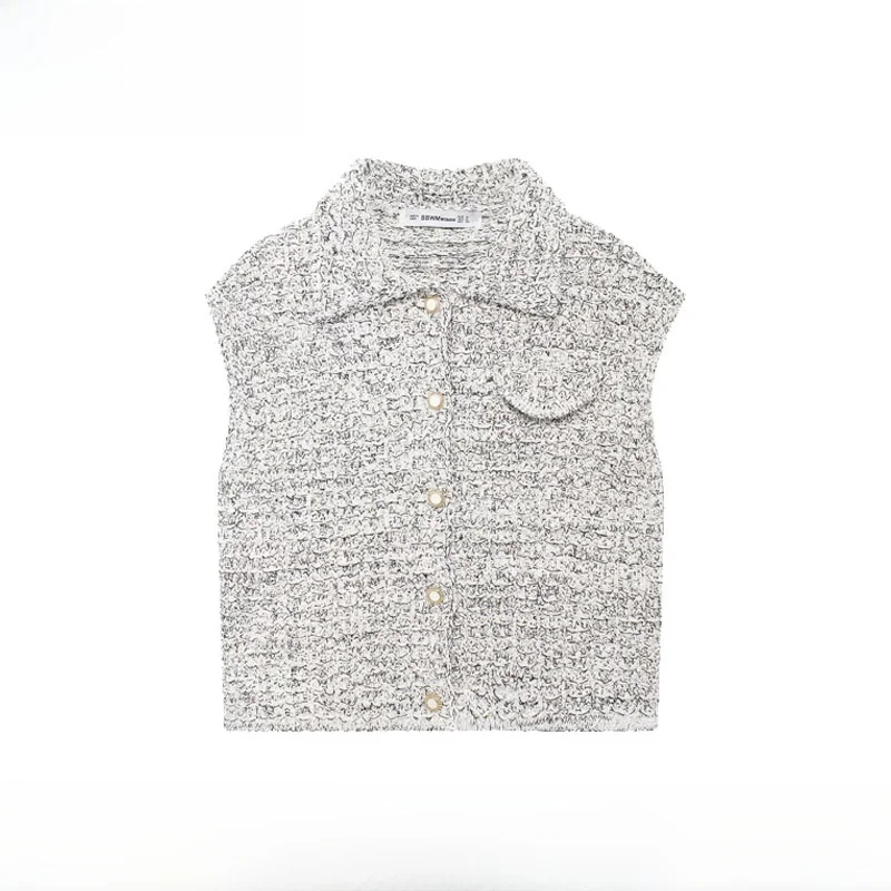 Early Autumn New Fashion Metal Color Thread Texture Knitted Vest Women's Slim Fit Polyester Fiber Short Length Single Button