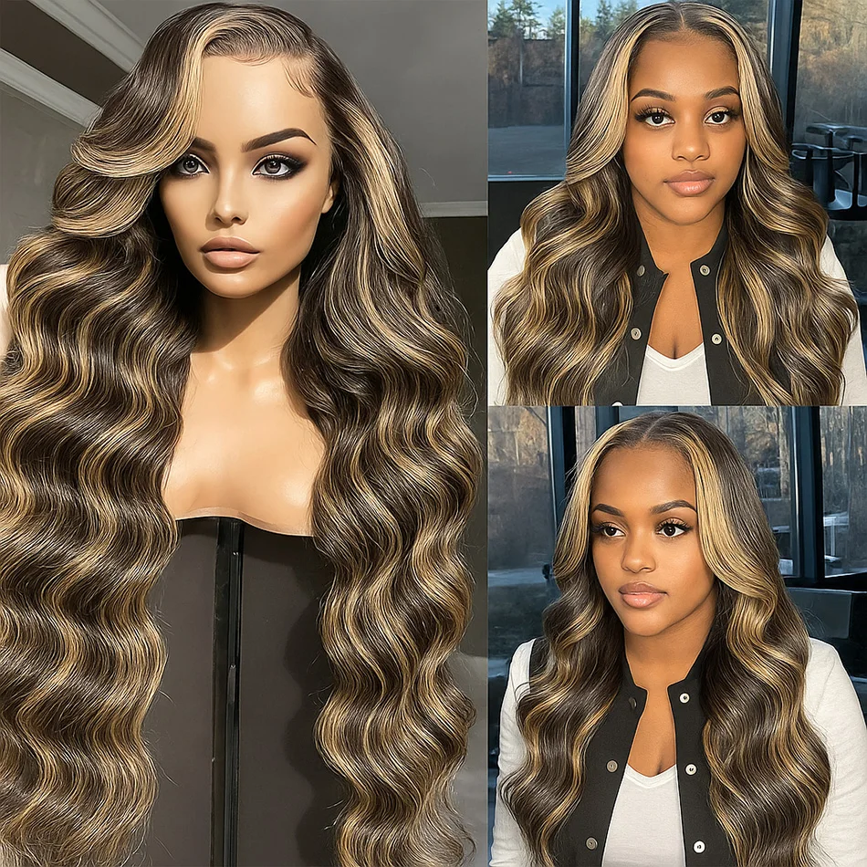 ボディウェーブ 4/27 ハニーブロンド オンブレブラウン カラーレースフロントウィッグ 13x4 ブラジル人毛 透明レースフロントウィッグ 女性用