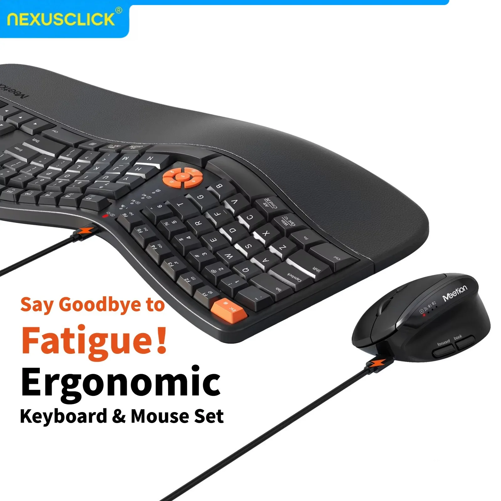 NexusClick Ergonomic Keyboard Mouse Set with Leather Wrist Rest, Vertical BT Wireless Mice 2400DPI Rechargeable for Office Gamer