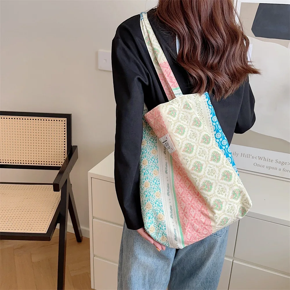 Vintage Flower Ladies Beach Shopping Bag Soft Fabric Large Capacity Women\'s Shoulder Bags Portable Female Tote Travel Handbags