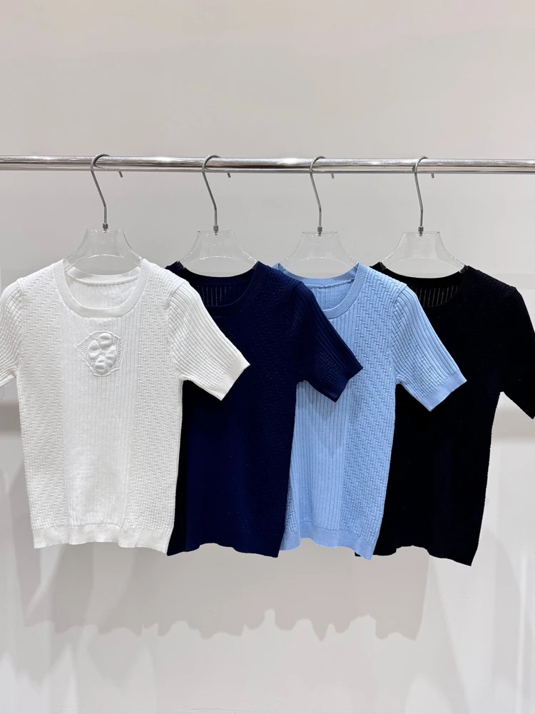 

Модный бренд VIBE: Новая коллекция весна-лето, вязаный топ с цветочной вышивкой, короткий рукав, женская облегающая модель с круглым вырезом, универсальная базовая рубашка