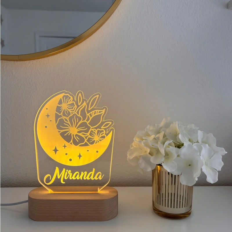 Moon and Flower Custom Name Light Personalized Bedroom LED Cloud Decor Kids Name Nursey Birthday gifts lamp for baby shower