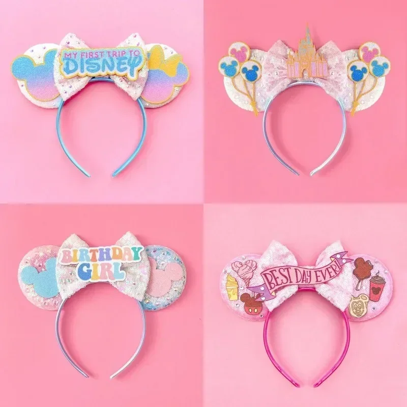 Disneyland Hair Band Kids Adult Festival Gift Sequins Pink Bow Hairbands Women Disney Minnie Mickey Mouse Hair Accessories Party