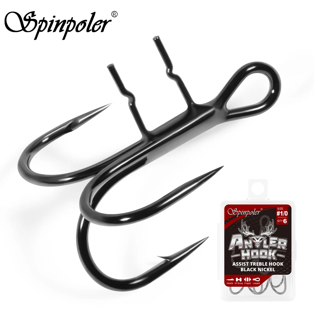 Spinpoler Drillinge mit Köderhalter-Spikes für weiche Köder-Angelköder # 4 # 2 # 1 Angelhaken-Gerät mit Geweihunterstützung aus Kohlenstoffstahl