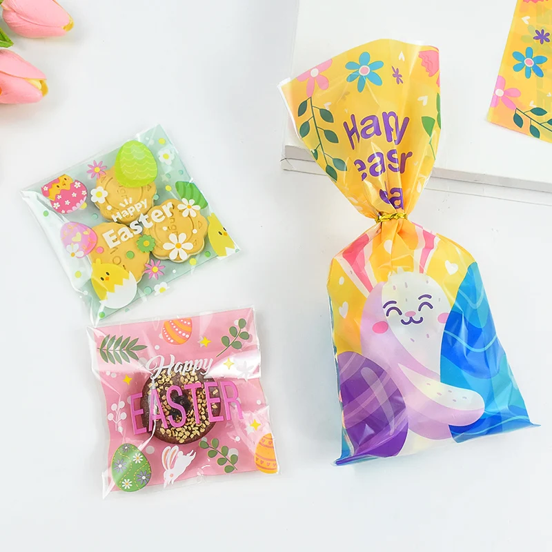 50pcs Easter Candy Cookie Bags Cute Bunny Eggs Pattern Gifts Snack Packaging Bags Happy Easter Party Decoration Supplies Favor