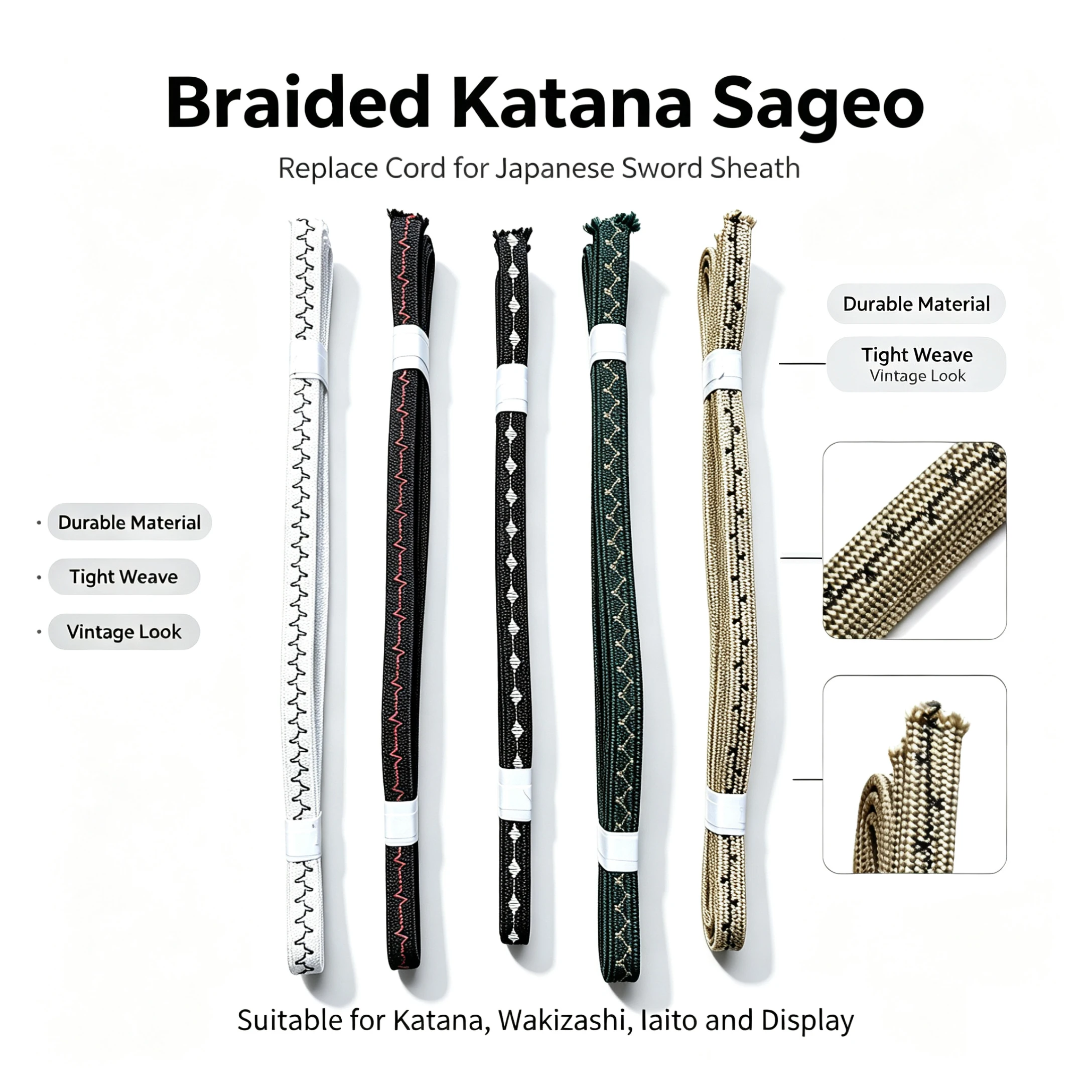 2.6Metre Braided Katana Sageo Cord Diamond Stitch Pattern Tassel Sageo Replacement Strap For Japanese Samurai Sword Scabbard