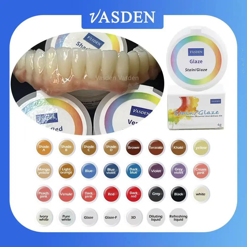 Pasta de esmalte Vasden, pasta para manchas dentales, líquido para diluir, juego de pasta de porcelana Dental, 4g, 16 colores, pasta para manchas y líquido de 20ml