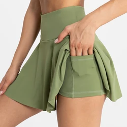 Jupe de tennis taille haute pour femme, jupe de sport à volants avec short, vêtements de fitness respirants, jupe de danse et de yoga, faux deux pièces