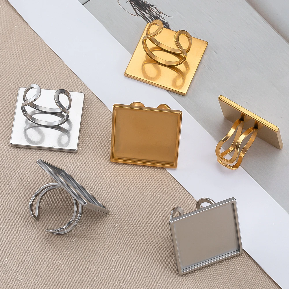 4pcs Punk Square Ring Blank Tray Stainless Steel Adjustable Open Finger Ring Base 10-25mm Cabochon Bezel DIY Men Jewelry Making
