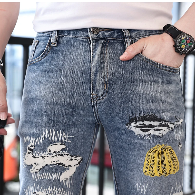 2024Summer Thin Street Personalized Stylish Print Jeans Men's Casual Light Luxury Fashion Elastic Slim Fit Long Skinny Pants