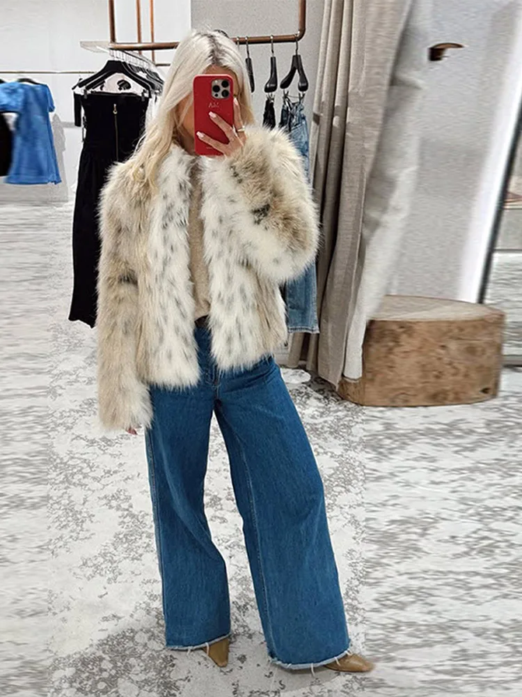 Elegant Print Women's Faux Fur Coat Chic Long Sleeve Warm Fluffy Plush Jacket New Autumn Winter Ladies Thick Outerwear 2025