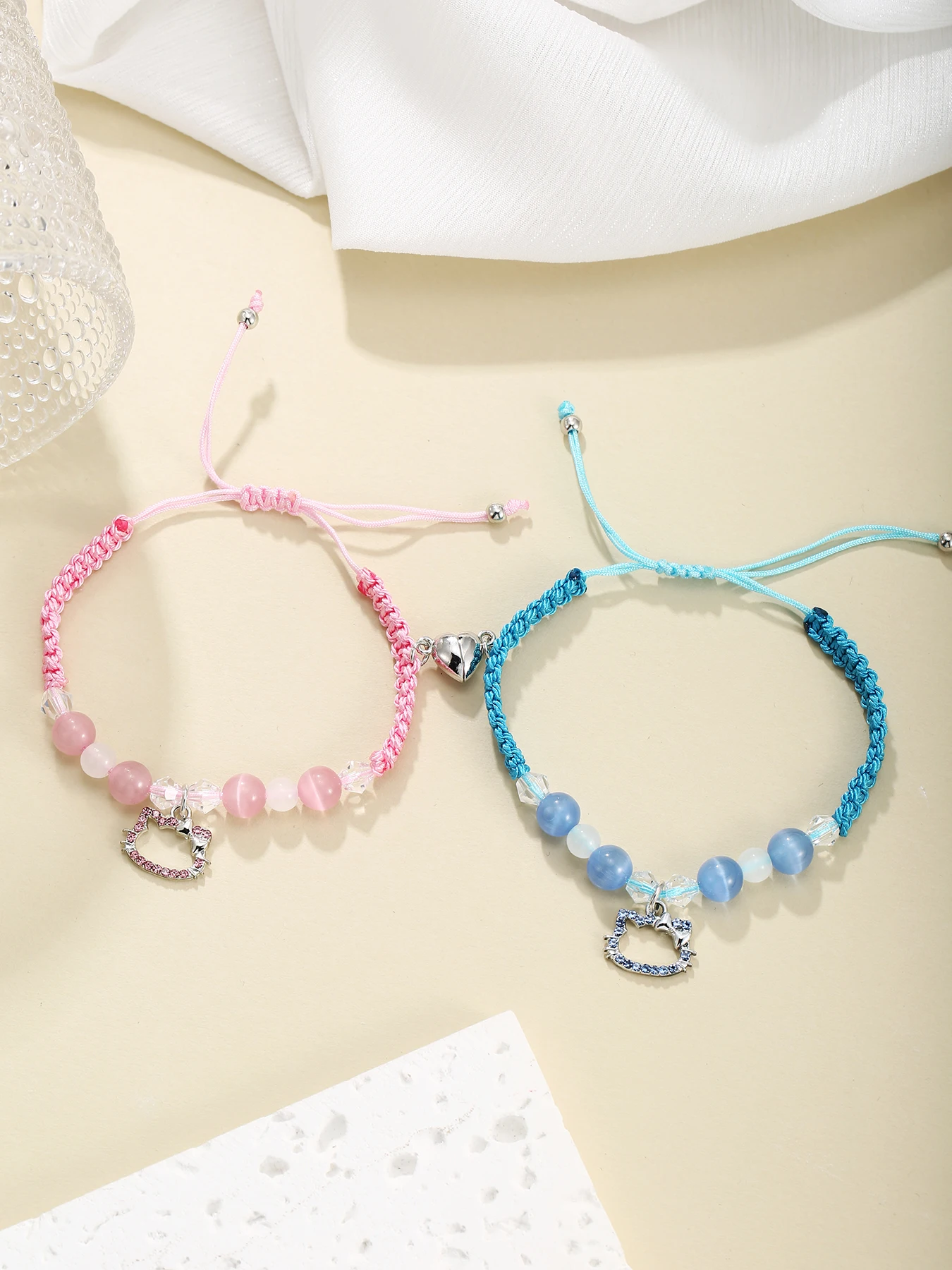 2 pcs of Pink and Blue String Spider and Cat Pendant Heart Shaped Magnet Couple's Bracelets, Bff Trendy Jewelry Gifts image 6