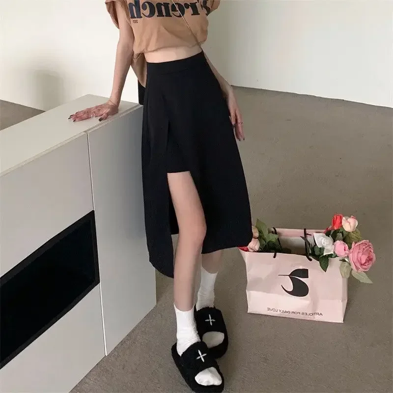 Rokken Vrouwen Side-slit M-3XL Onregelmatige Rijk Mid-kalf Koreaanse Stijl A-lijn Harajuku Jupe Femme Temperament Esthetische Kleding