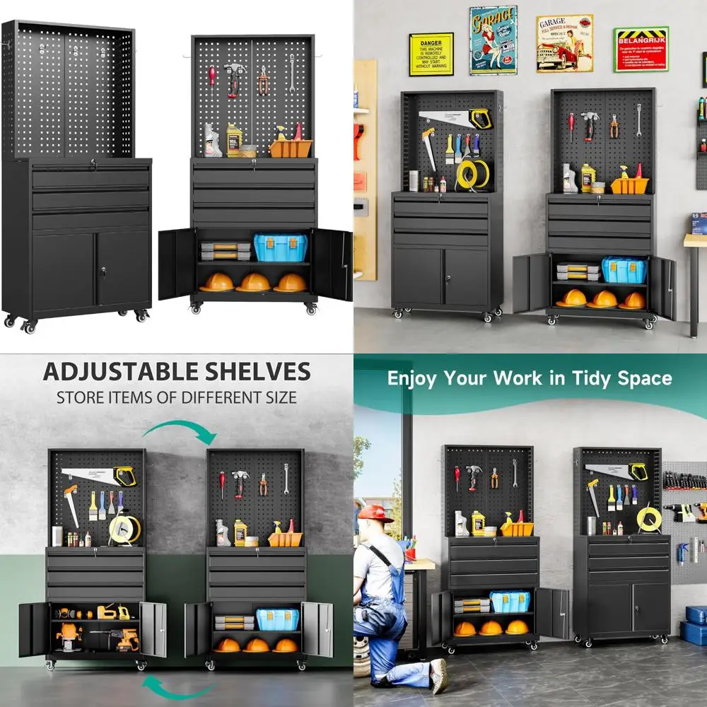 

Black Tall Rolling Metal Storage Cabinet with Lock, Drawers, Hooks, and Wheels for Garage Organization