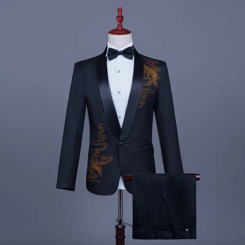 Men's Slim-Fit Phoenix-Patterned Two-Piece Stage Performance Suit, Asian Sizes (Host/Singer Style)