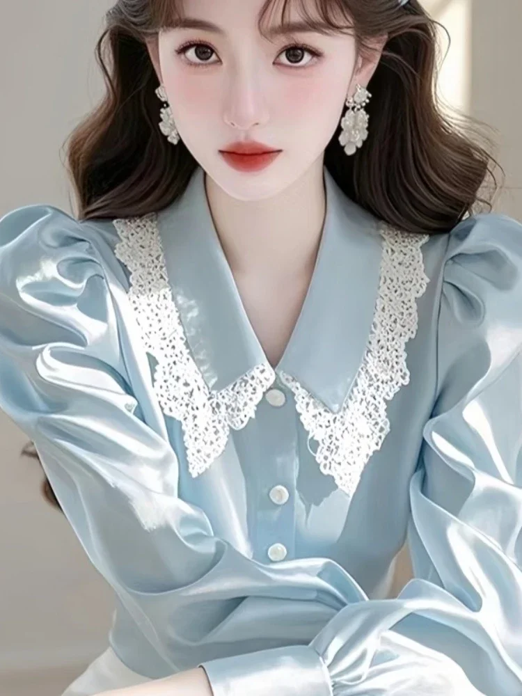 Satin Women's Blouses Lace Patchwork Korean Shirts FASHION Loose Spring/Summer Casual Clothing Solid Long Sleeve Women Tops
