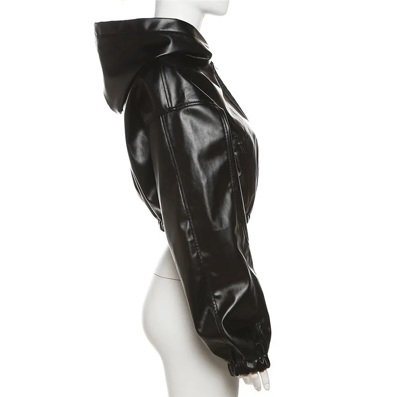 Black Hooded Cool Leather Jacket Spring Autumn Korean Loose-Fit Slim Short Zipper Motorcycle Jacket