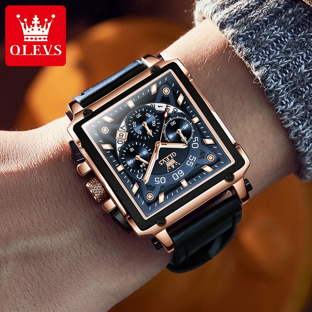 OLEVS Luxury Brand Men\'s Watches Square Large Dial Waterproof Quartz Watch Male Chronograph Calendar Leather Strap Original