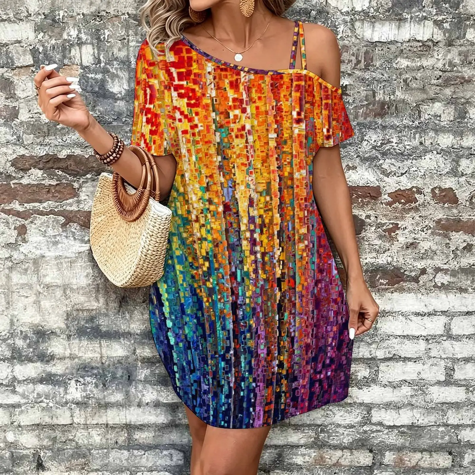 Women Print Cold Shoulder Short Sleeve Mini Dress Irregular Off Shoulder Casual Loose Tunic Dress